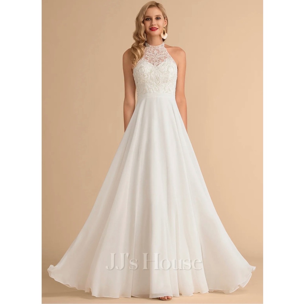 JJ's House Ivory Lace Halter Neck A-Line Chiffon Formal Gown Dress Size 16 NEW